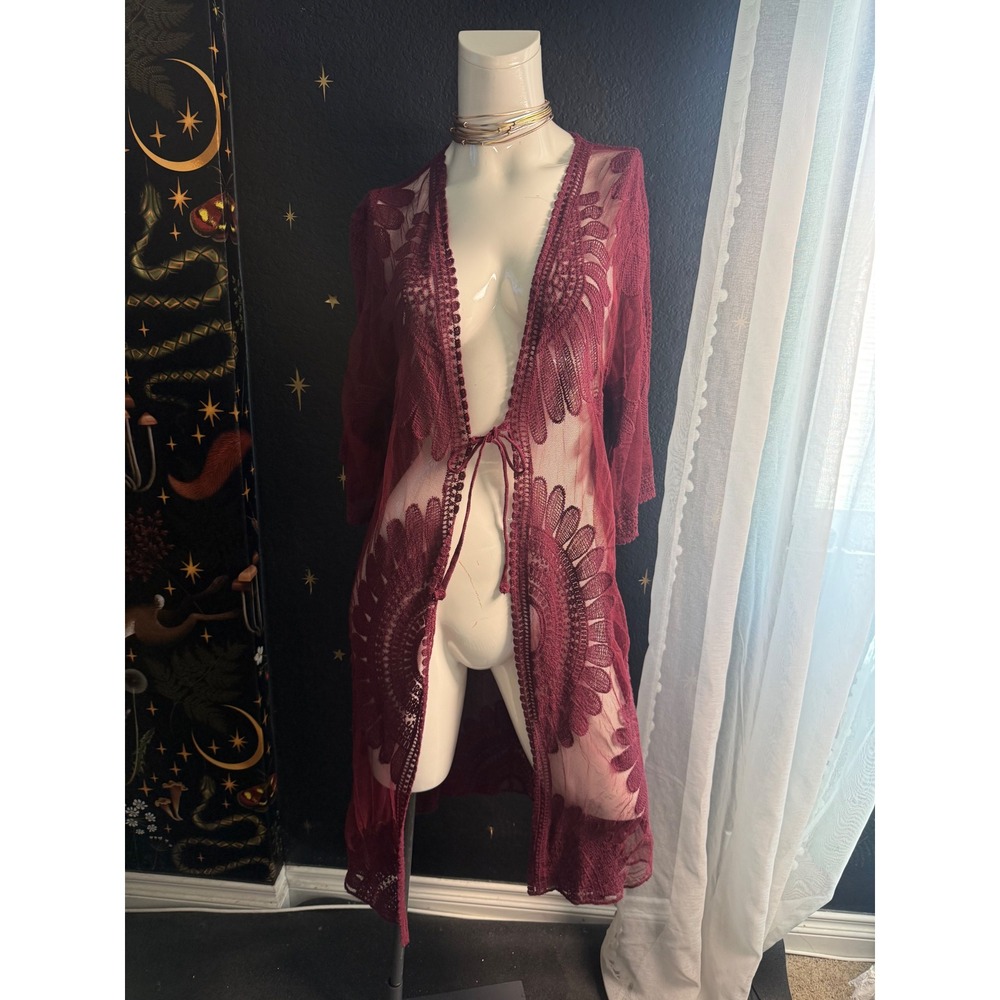 Aster Burgundy Lace Kimono Cardigan Tie Front Sheer Boho Embroidered S/M